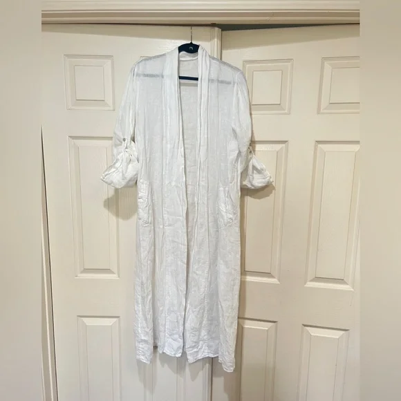 Made in Italy linen white Open Long Cardigan Pocket Lagenlook Beach relaxed SZ M - Picture 1 of 15